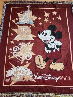 Disney World Mickey Mouse Woven Throw Blanket Castle Epcot Animal Kingdom Fringe
